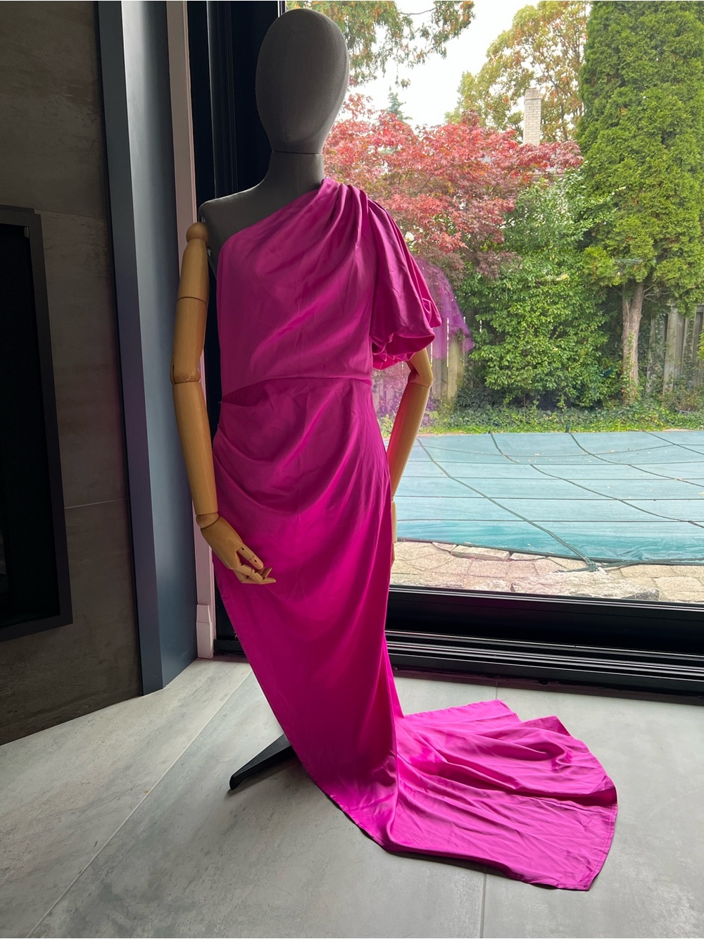 Boohoo One-Shoulder Hot Pink Draped Evening Gown - Picture 1 of 9